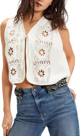Women Summer Tie Front Vests Y2k Floral Embroidery Eyelet Crop Tank Tops Boho V Neck Sleeveless Hollow Out Cami Tops