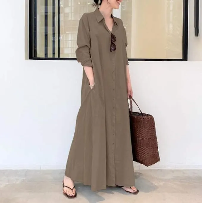 Women Trendy Rolled Up Sleeve Plus Size Shirt Dress Button Down Ankle Length Solid Casual Maxi Dress with Pockets