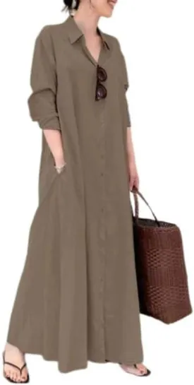 Women Trendy Rolled Up Sleeve Plus Size Shirt Dress Button Down Ankle Length Solid Casual Maxi Dress with Pockets