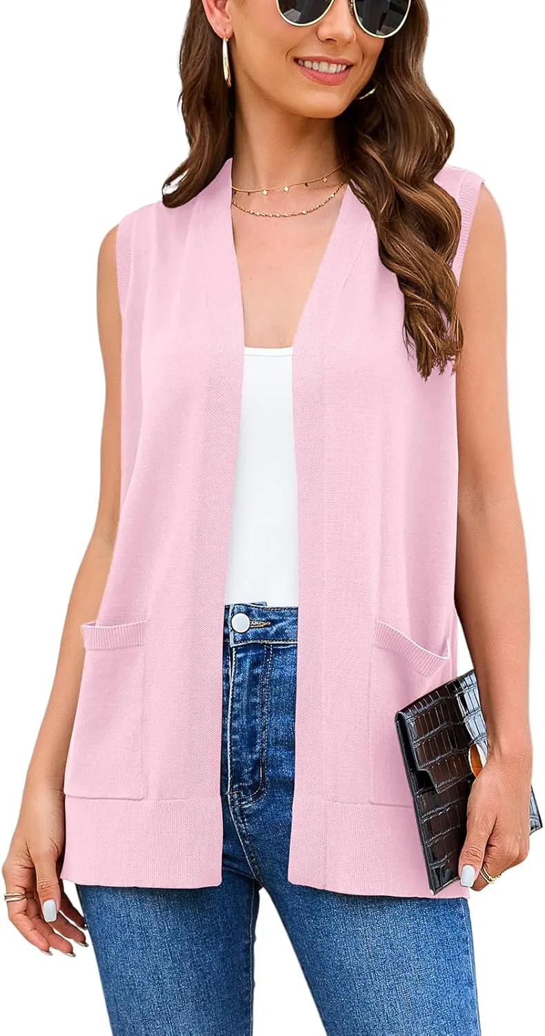 Women's 2025 Sleeveless Cardigan Sweaters Fashion Casual Soft Knit Office Duster Vests with Cozy Pockets (S-3XL)