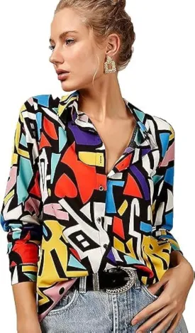 Women's Business Casual Tops Cute Long Sleeve Graphic Print Blouses Trendy Button Down Shirts