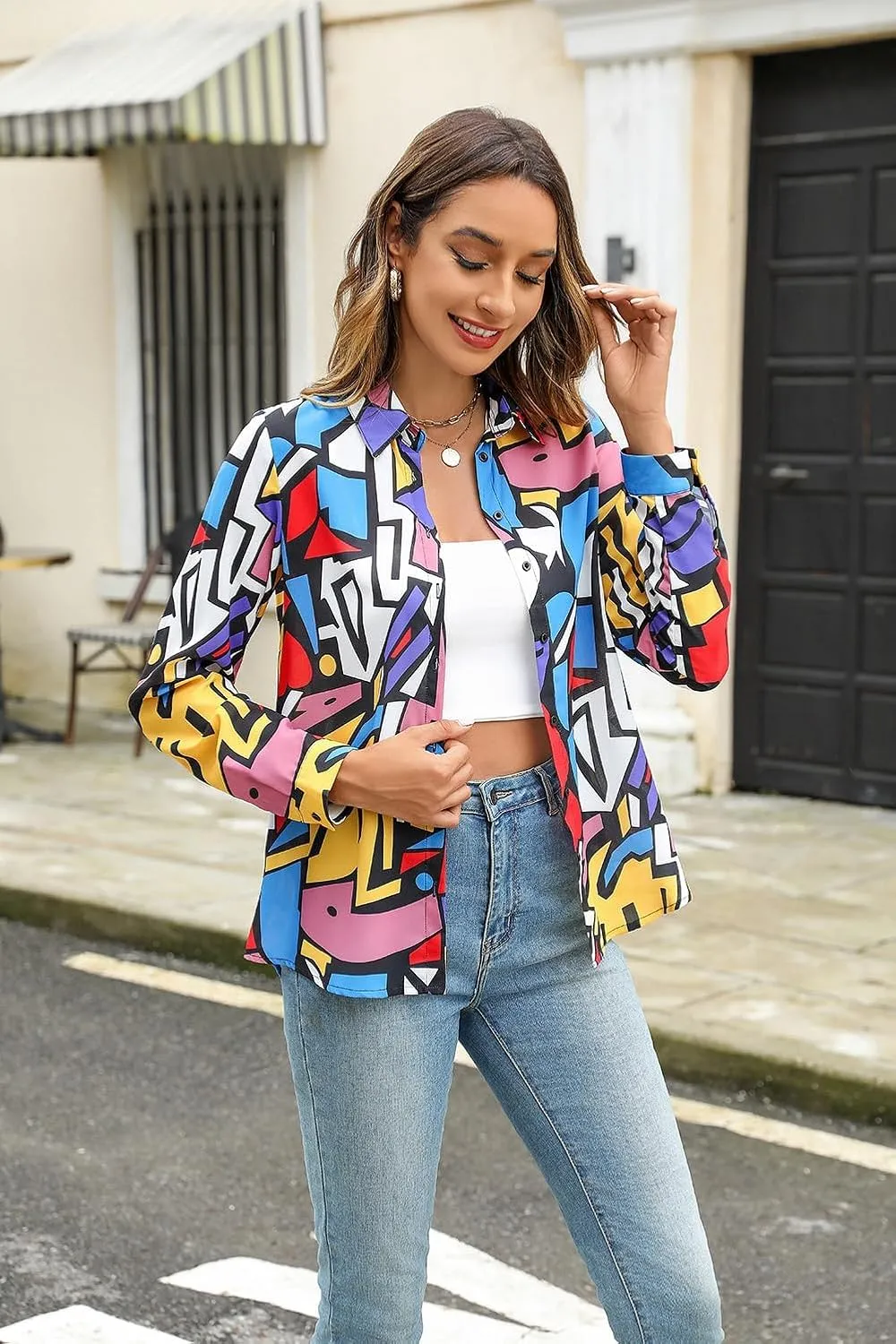 Women's Business Casual Tops Cute Long Sleeve Graphic Print Blouses Trendy Button Down Shirts