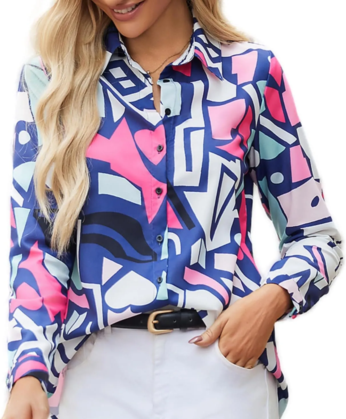 Women's Business Casual Tops Cute Long Sleeve Graphic Print Blouses Trendy Button Down Shirts