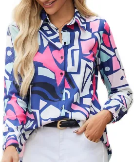 Women's Business Casual Tops Cute Long Sleeve Graphic Print Blouses Trendy Button Down Shirts