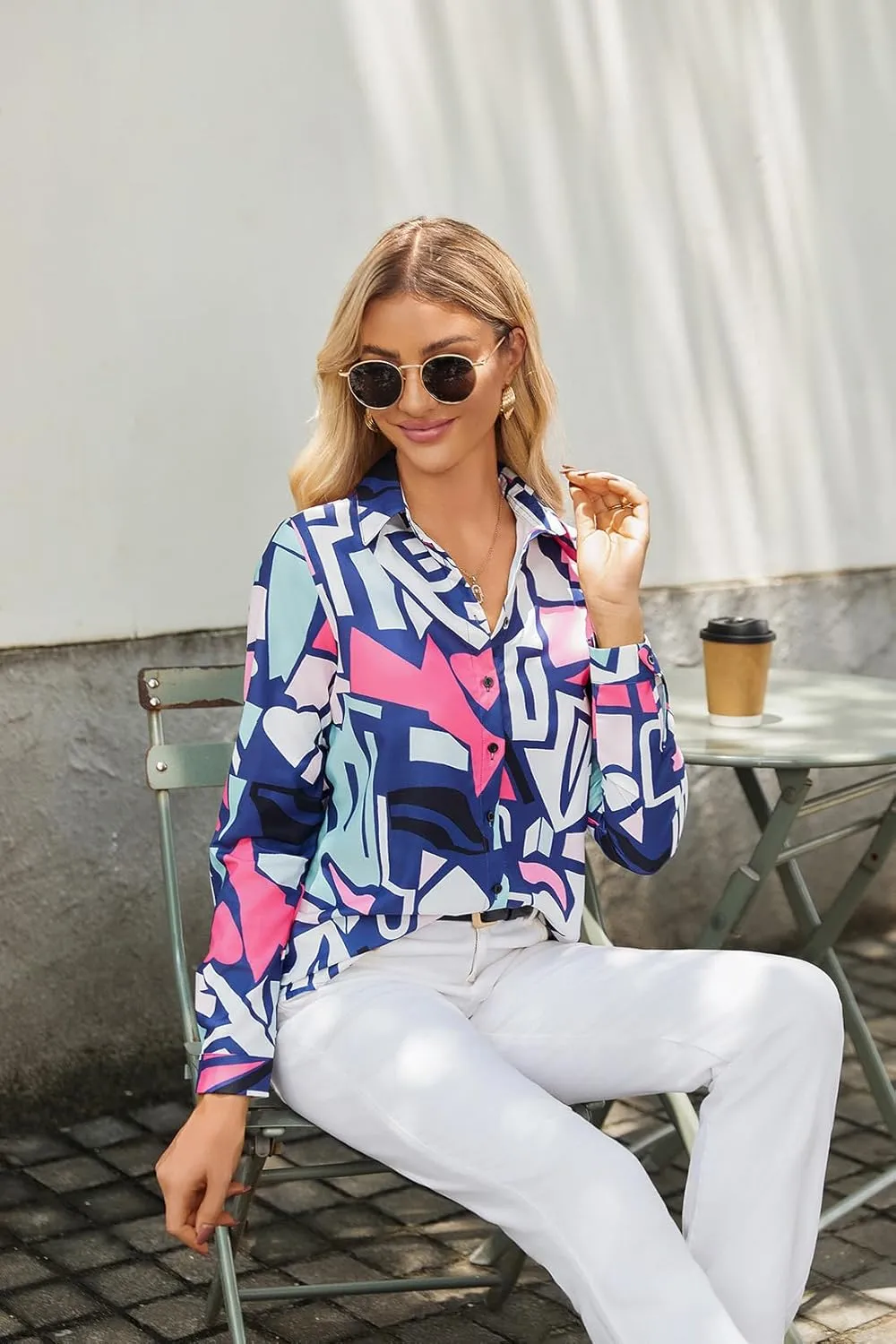 Women's Business Casual Tops Cute Long Sleeve Graphic Print Blouses Trendy Button Down Shirts