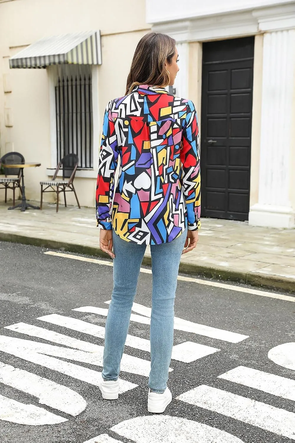Women's Business Casual Tops Cute Long Sleeve Graphic Print Blouses Trendy Button Down Shirts