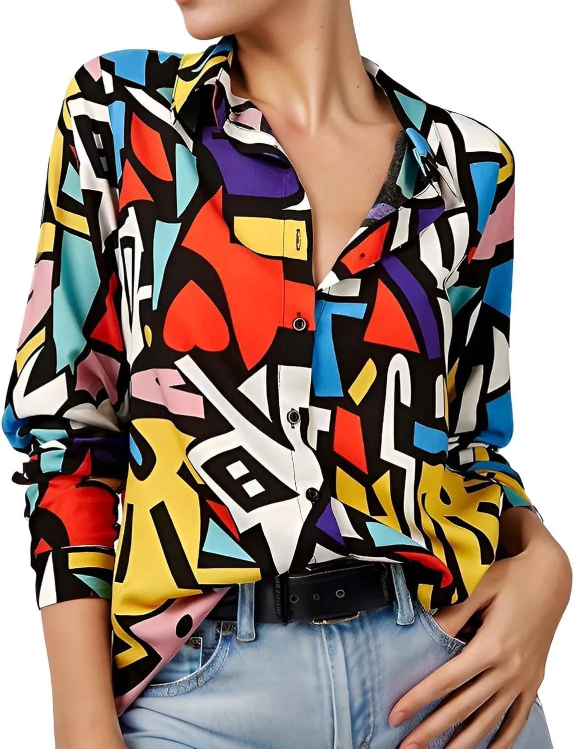 Women's Business Casual Tops Cute Long Sleeve Graphic Print Blouses Trendy Button Down Shirts