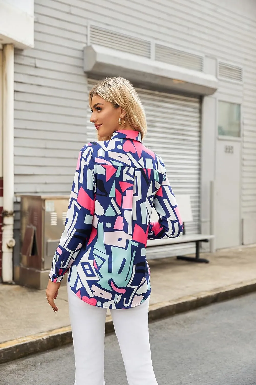 Women's Business Casual Tops Cute Long Sleeve Graphic Print Blouses Trendy Button Down Shirts