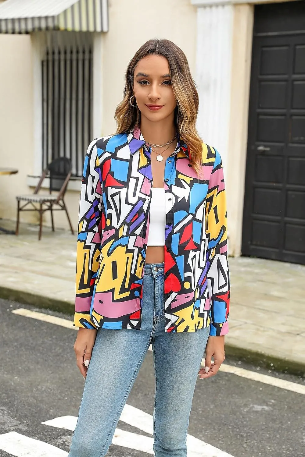 Women's Business Casual Tops Cute Long Sleeve Graphic Print Blouses Trendy Button Down Shirts
