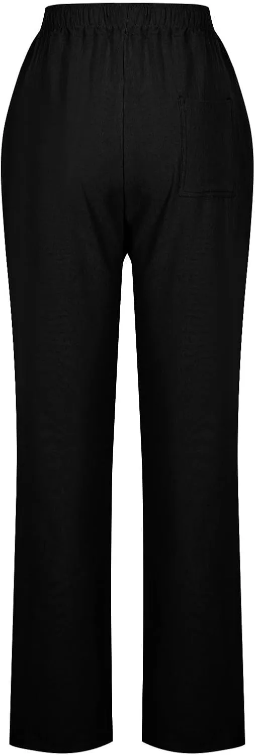 Womens Casual Linen Trousers High Waist Loose Comfy Beach Pants Straight Leg Summer Vacation Pant with Multi Pockets