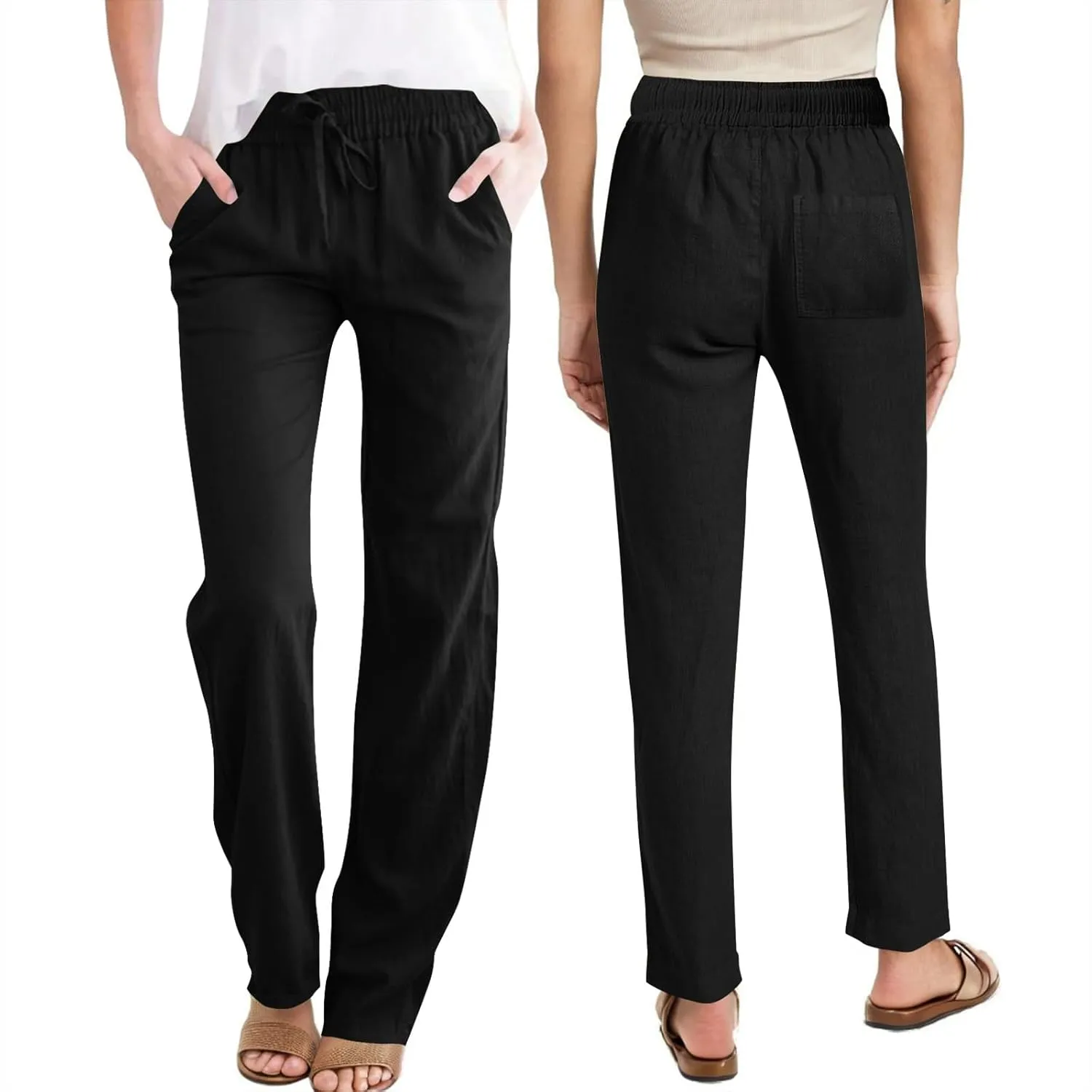 Womens Casual Linen Trousers High Waist Loose Comfy Beach Pants Straight Leg Summer Vacation Pant with Multi Pockets