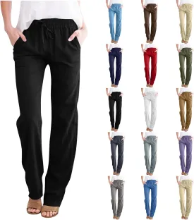 Womens Casual Linen Trousers High Waist Loose Comfy Beach Pants Straight Leg Summer Vacation Pant with Multi Pockets