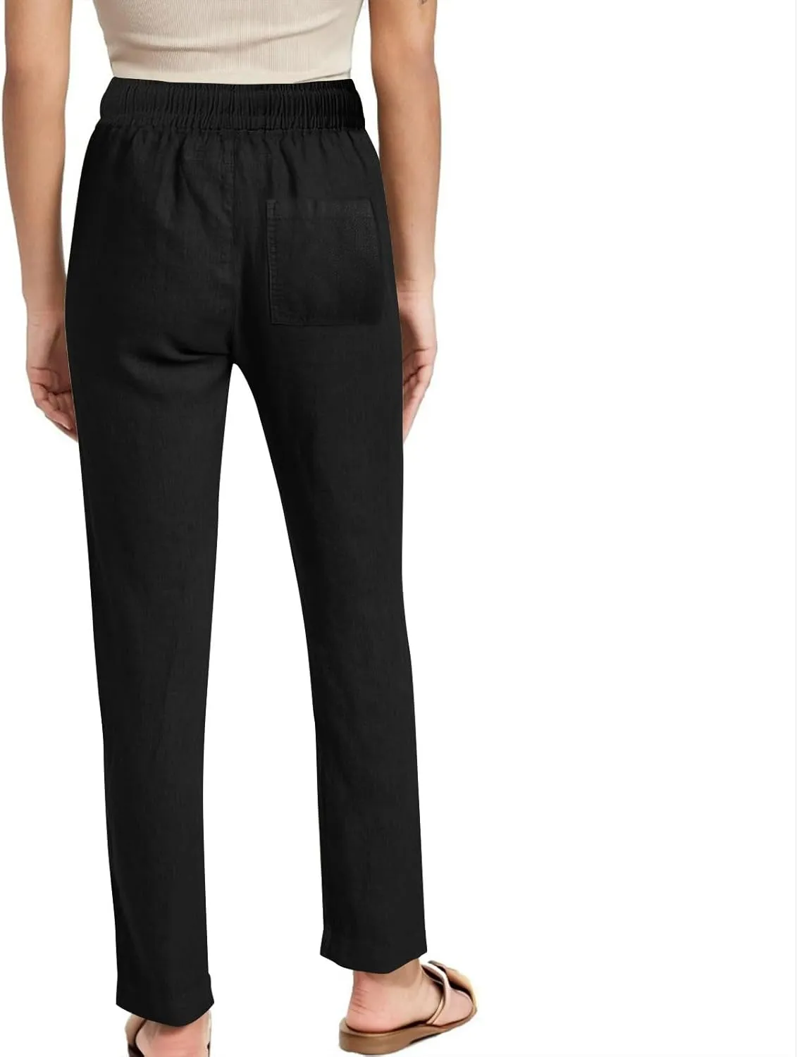Womens Casual Linen Trousers High Waist Loose Comfy Beach Pants Straight Leg Summer Vacation Pant with Multi Pockets