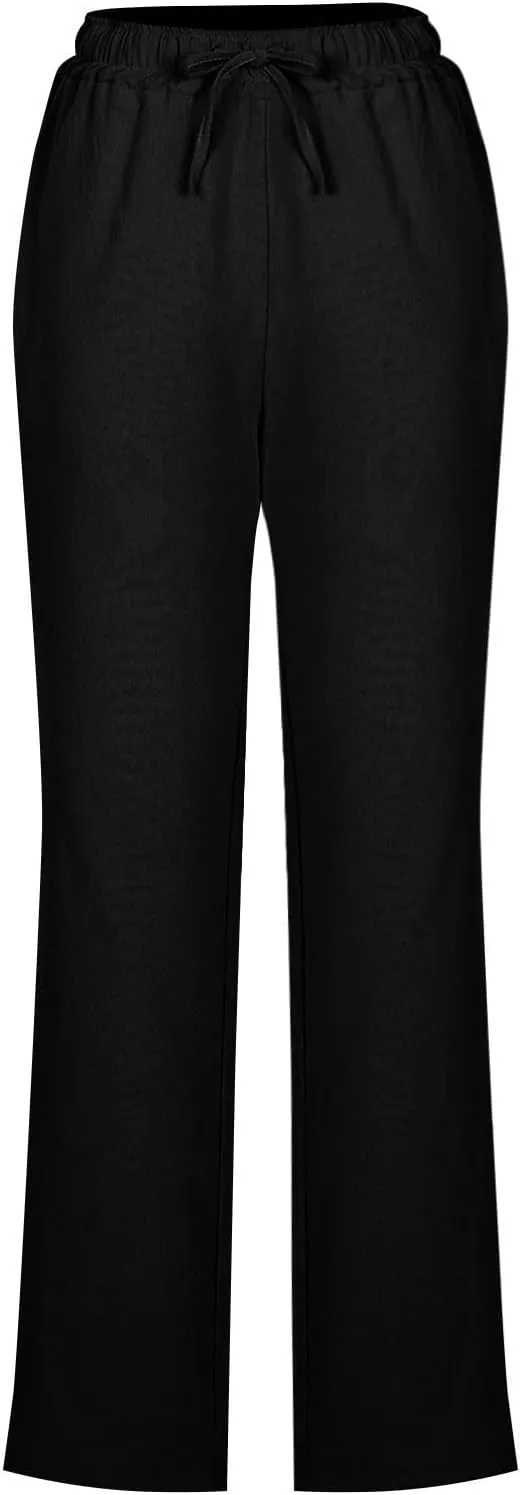 Womens Casual Linen Trousers High Waist Loose Comfy Beach Pants Straight Leg Summer Vacation Pant with Multi Pockets