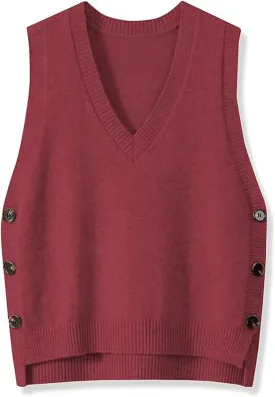 Womens Knit Sweater Vest Side Button Down Pullover Sleeveless V Neck Knit Sweater Vest