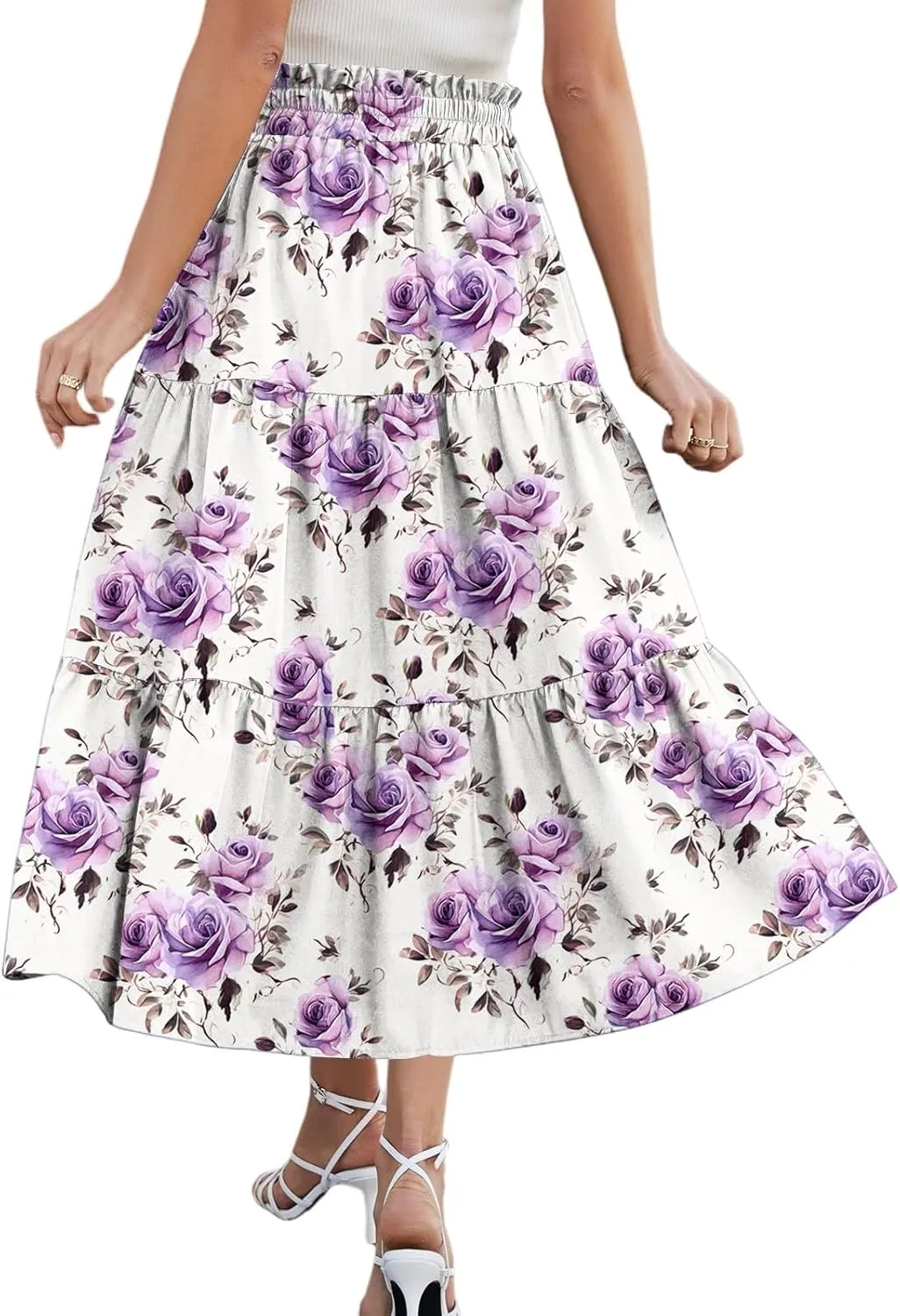 Womens Midi Skirts with Pockets 2025 Summer Long High Elastic Waist Beach Boho Flowy Ruffle A-Line Retro Floral Maxi Skirt