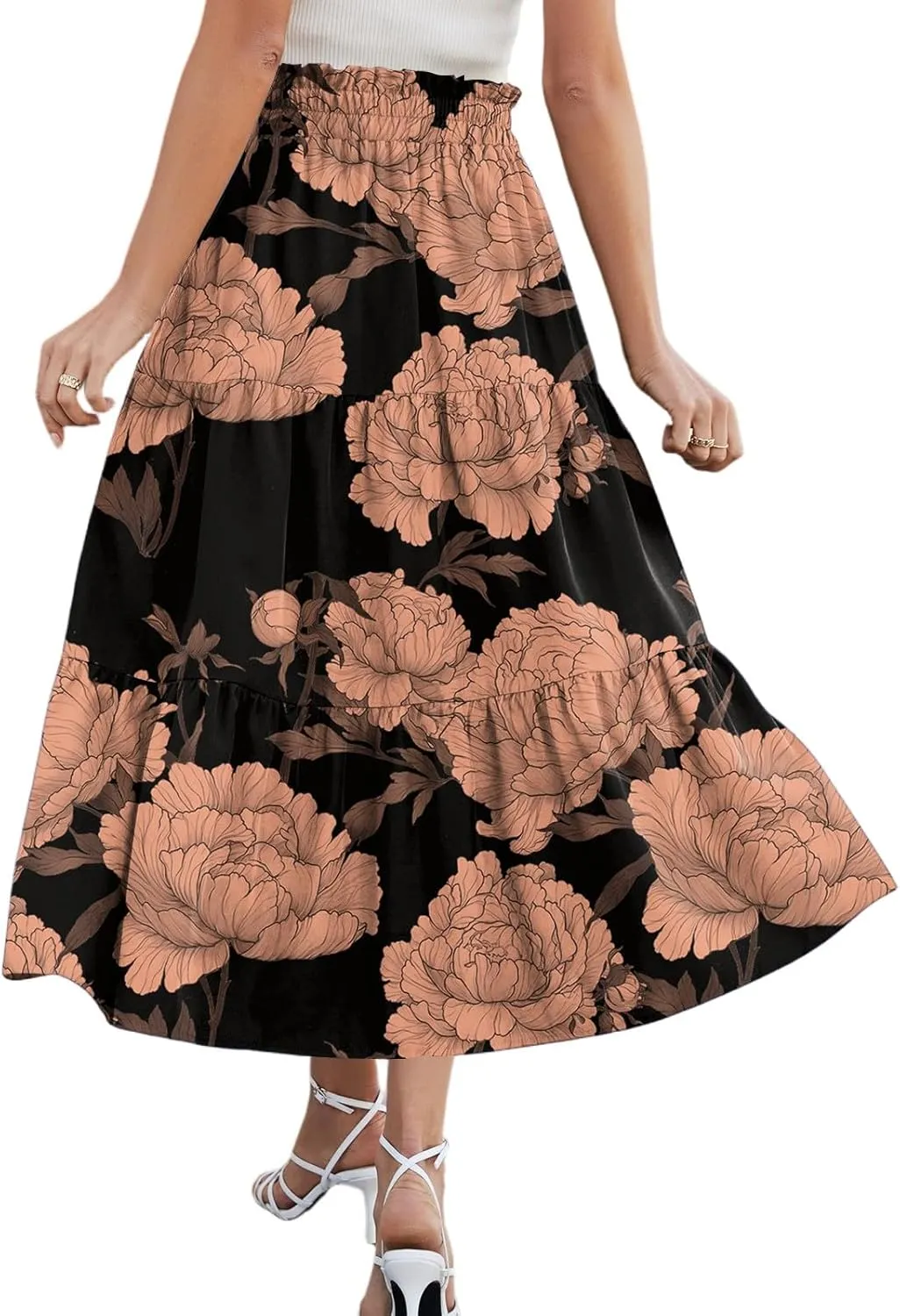 Womens Midi Skirts with Pockets 2025 Summer Long High Elastic Waist Beach Boho Flowy Ruffle A-Line Retro Floral Maxi Skirt