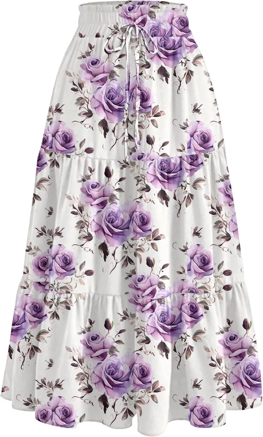 Womens Midi Skirts with Pockets 2025 Summer Long High Elastic Waist Beach Boho Flowy Ruffle A-Line Retro Floral Maxi Skirt