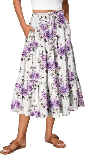 Womens Midi Skirts with Pockets 2025 Summer Long High Elastic Waist Beach Boho Flowy Ruffle A-Line Retro Floral Maxi Skirt