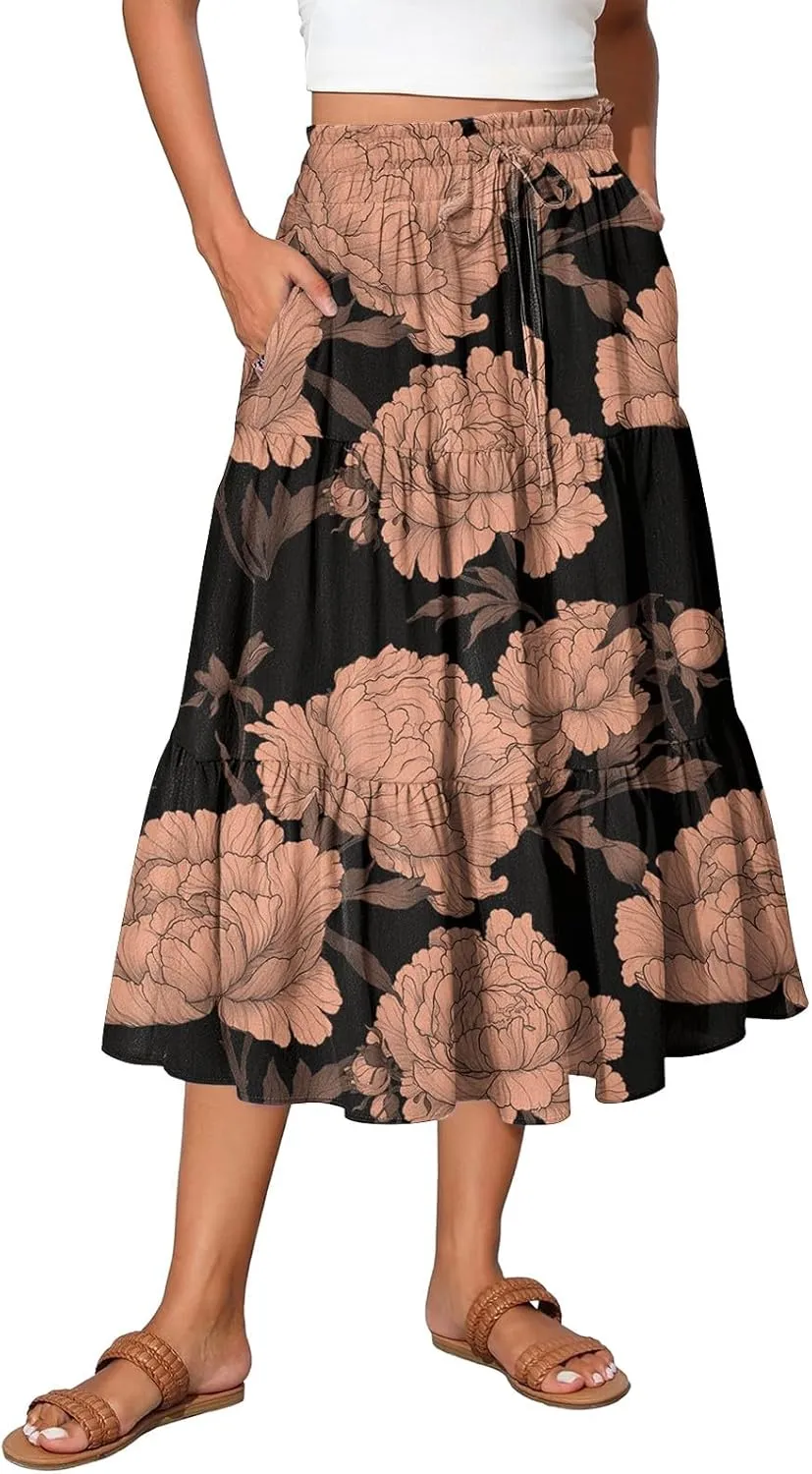 Womens Midi Skirts with Pockets 2025 Summer Long High Elastic Waist Beach Boho Flowy Ruffle A-Line Retro Floral Maxi Skirt
