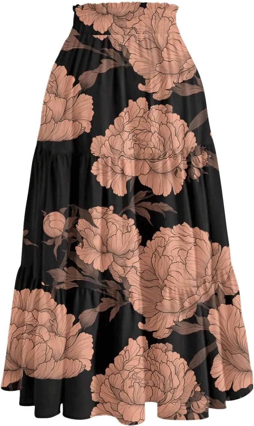 Womens Midi Skirts with Pockets 2025 Summer Long High Elastic Waist Beach Boho Flowy Ruffle A-Line Retro Floral Maxi Skirt