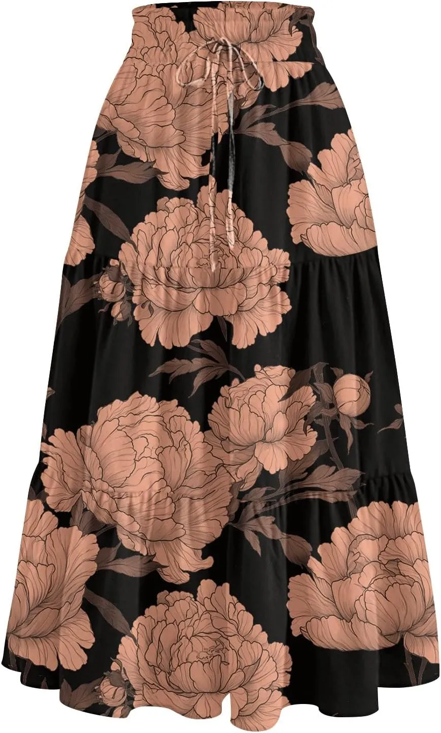 Womens Midi Skirts with Pockets 2025 Summer Long High Elastic Waist Beach Boho Flowy Ruffle A-Line Retro Floral Maxi Skirt