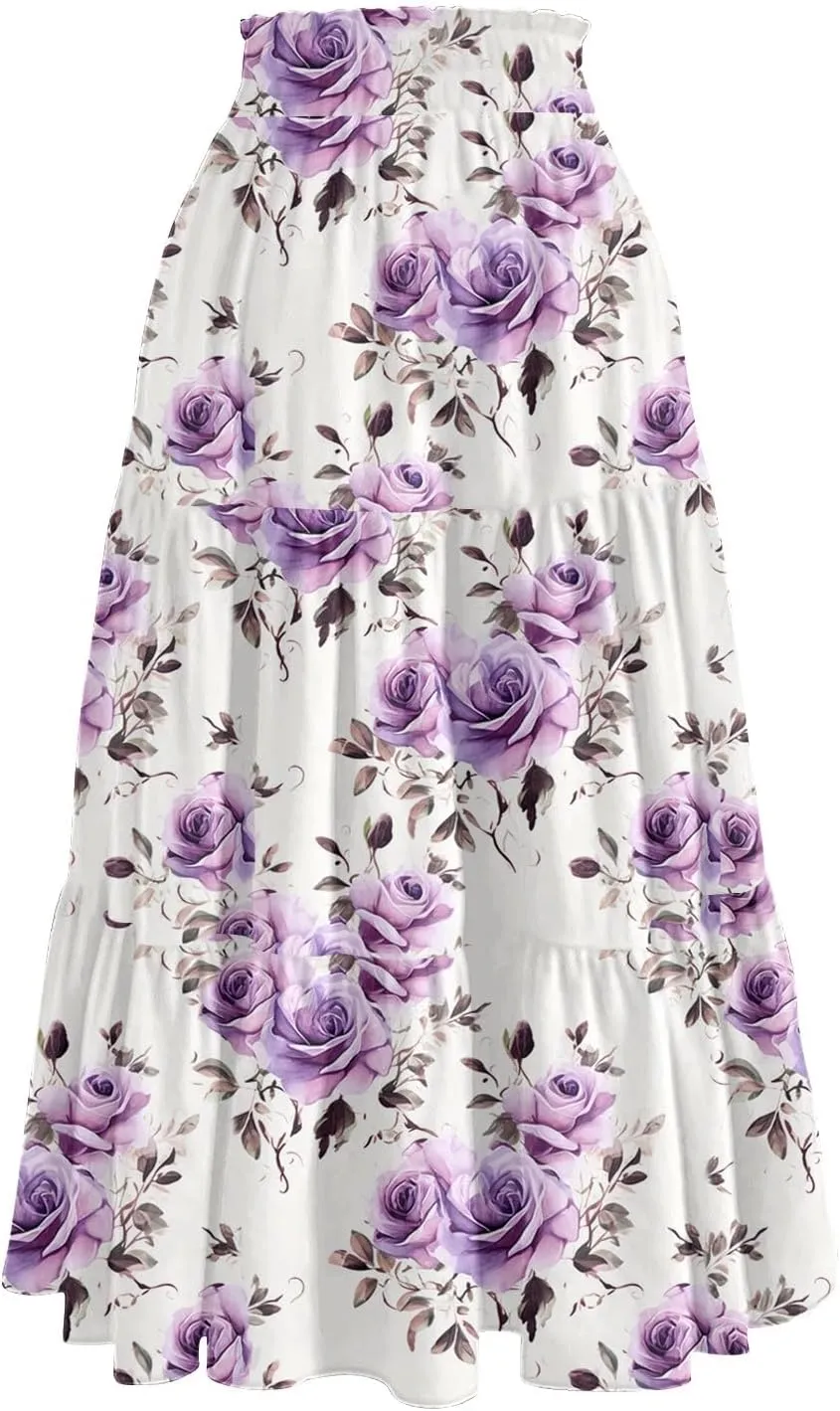 Womens Midi Skirts with Pockets 2025 Summer Long High Elastic Waist Beach Boho Flowy Ruffle A-Line Retro Floral Maxi Skirt