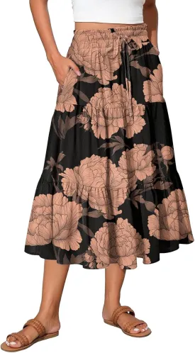 Womens Midi Skirts with Pockets 2025 Summer Long High Elastic Waist Beach Boho Flowy Ruffle A-Line Retro Floral Maxi Skirt