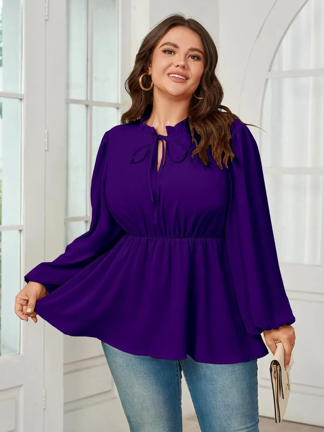 Womens Plus Size Blouse Tops Long Sleeve Tie Front Work Tops Dressy Casual Flowy Ruffle Peplum Tops for Women