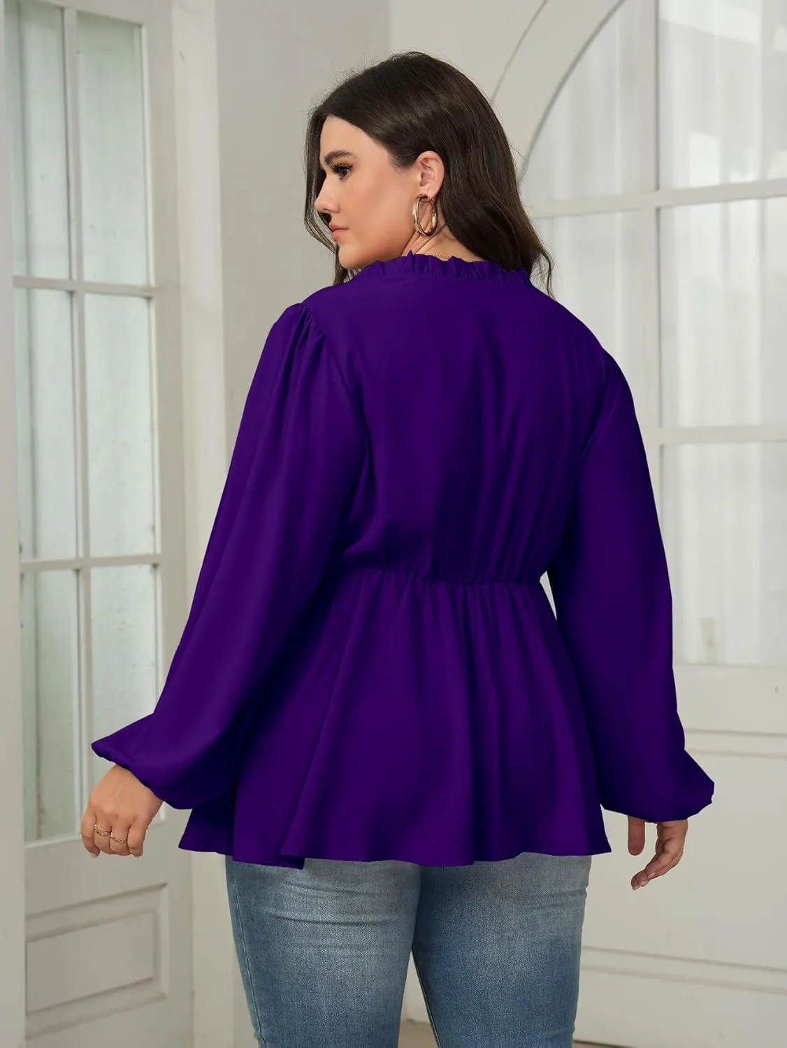 Womens Plus Size Blouse Tops Long Sleeve Tie Front Work Tops Dressy Casual Flowy Ruffle Peplum Tops for Women