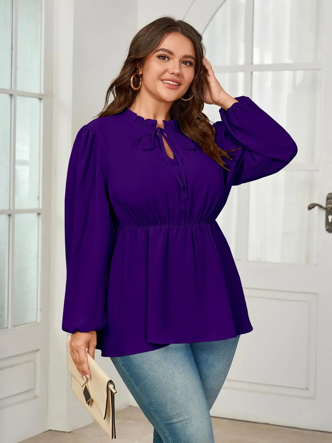 Womens Plus Size Blouse Tops Long Sleeve Tie Front Work Tops Dressy Casual Flowy Ruffle Peplum Tops for Women