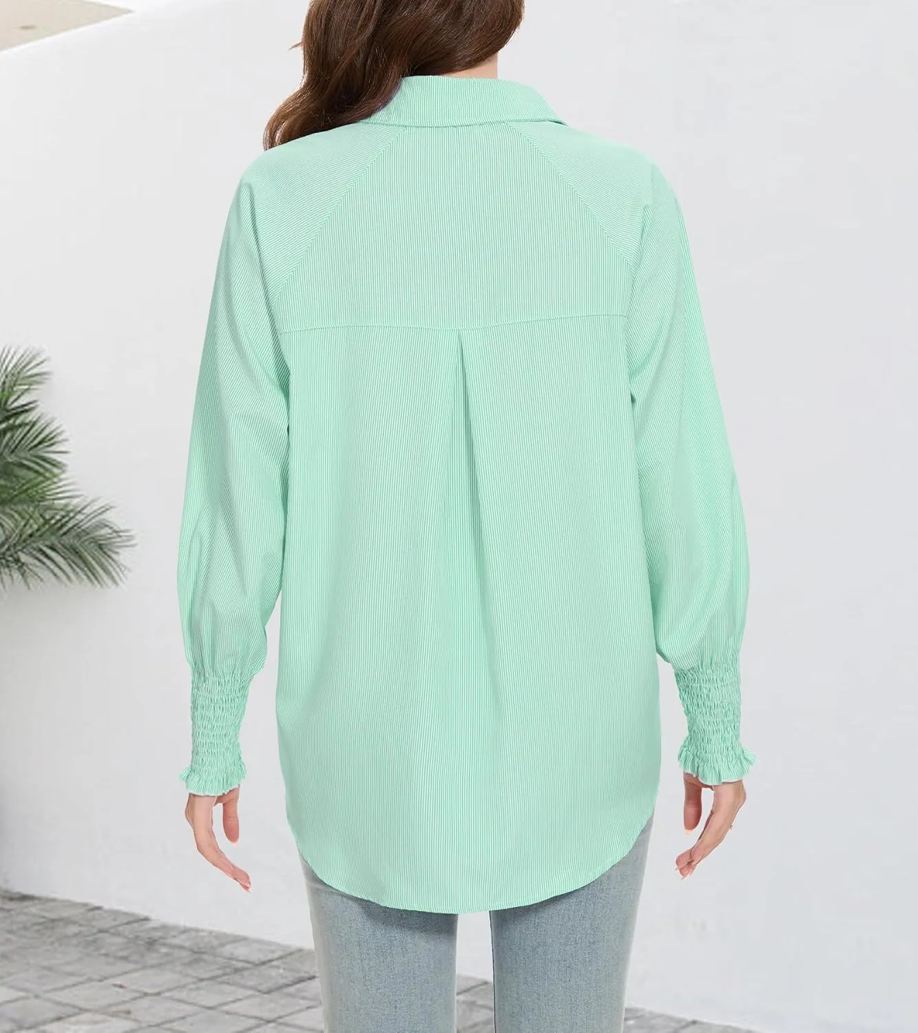 Women's Smocked Cuffed Striped Shirt Button Down Shirts Casual Collar Long Sleeve Blouse Loose Business Tops