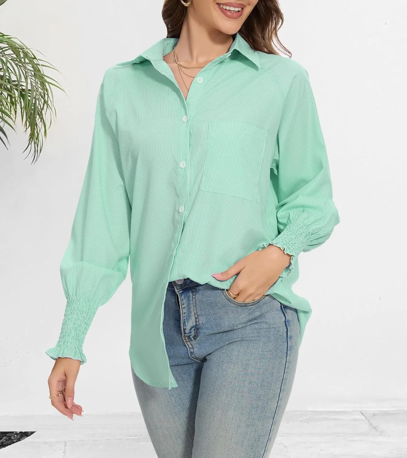 Women's Smocked Cuffed Striped Shirt Button Down Shirts Casual Collar Long Sleeve Blouse Loose Business Tops