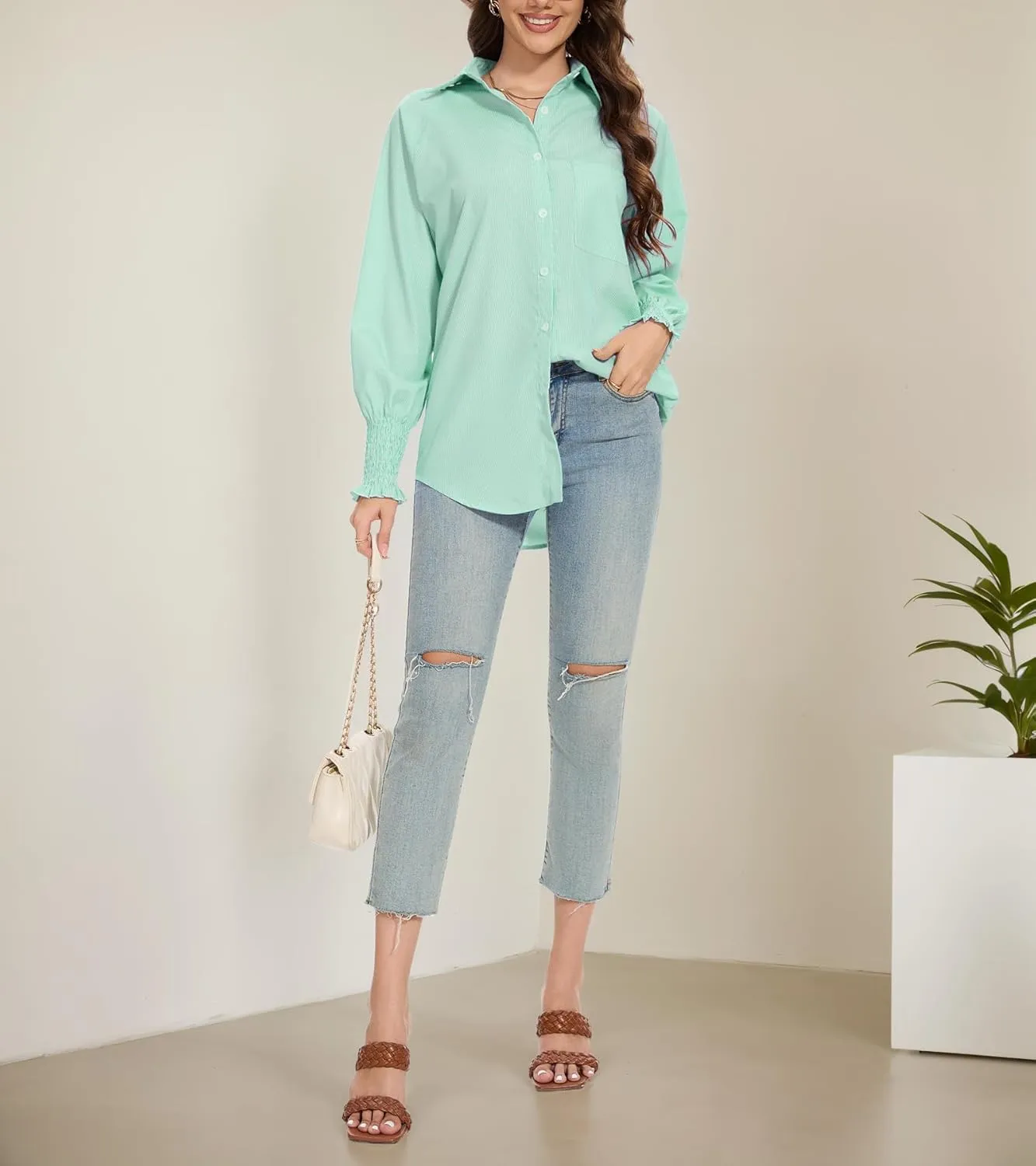 Women's Smocked Cuffed Striped Shirt Button Down Shirts Casual Collar Long Sleeve Blouse Loose Business Tops