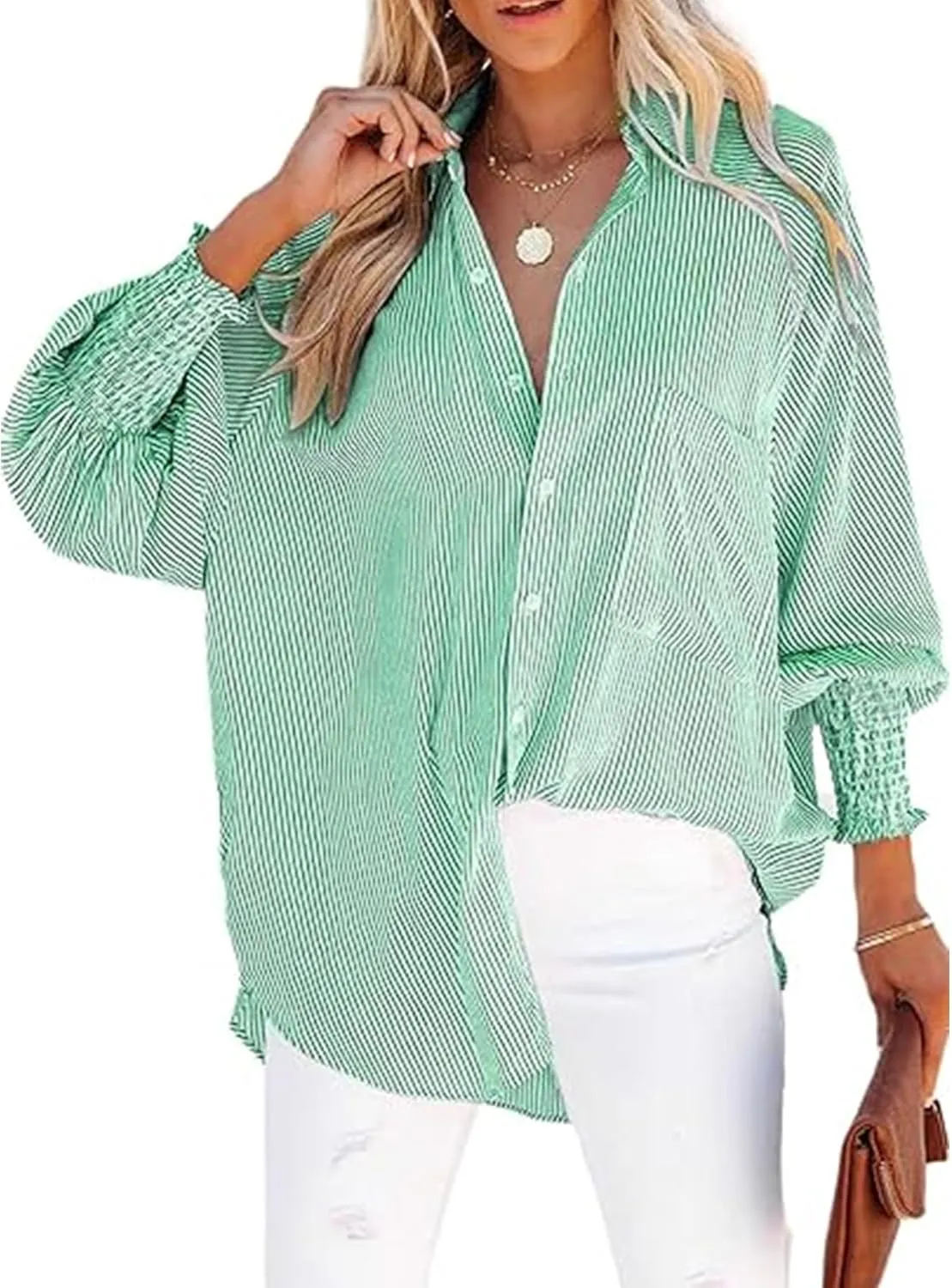 Women's Smocked Cuffed Striped Shirt Button Down Shirts Casual Collar Long Sleeve Blouse Loose Business Tops