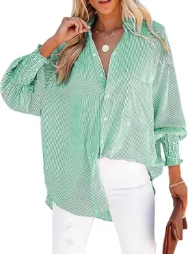 Women's Smocked Cuffed Striped Shirt Button Down Shirts Casual Collar Long Sleeve Blouse Loose Business Tops