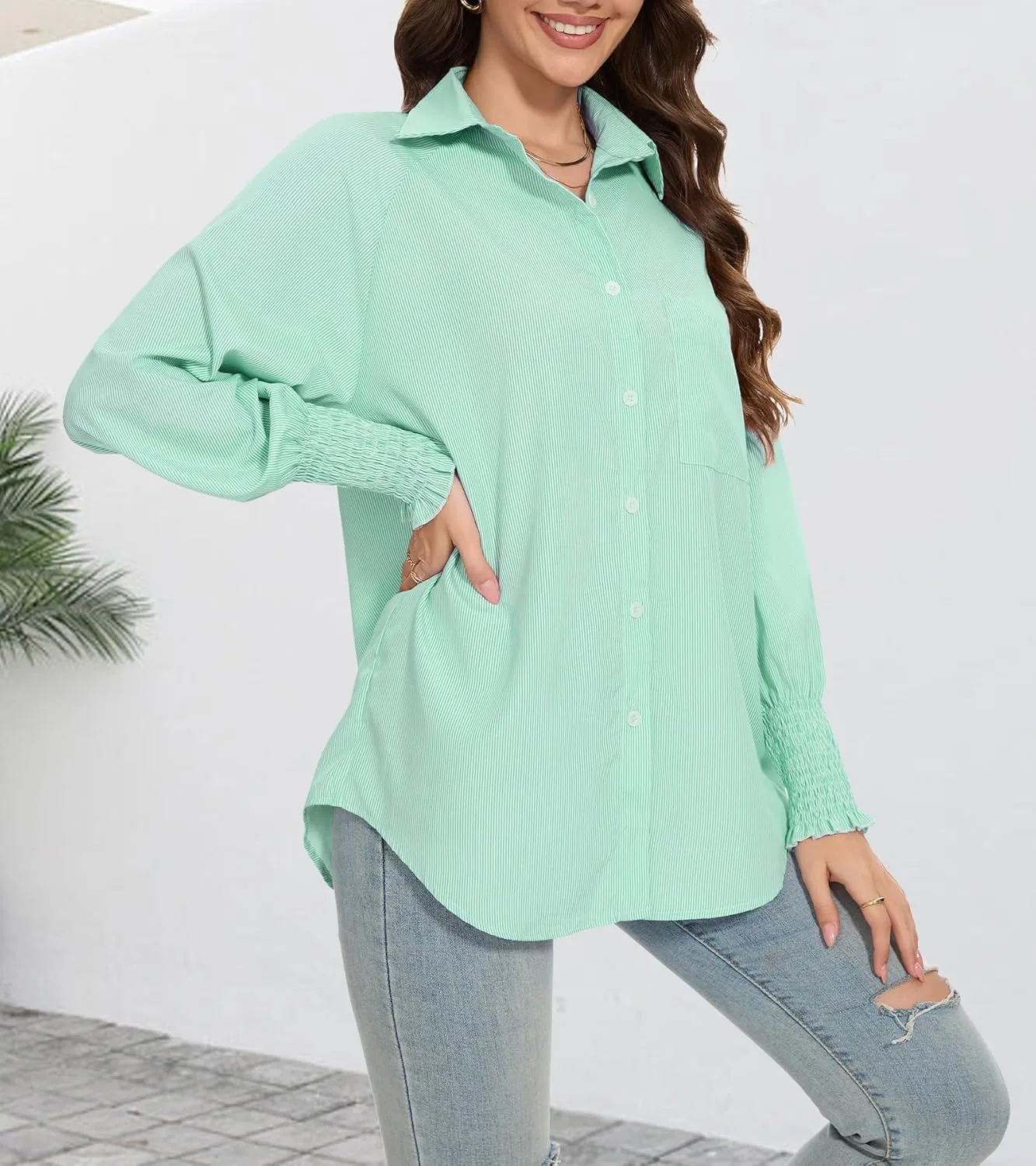 Women's Smocked Cuffed Striped Shirt Button Down Shirts Casual Collar Long Sleeve Blouse Loose Business Tops