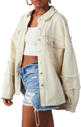 Women's Stylish White Frayed Exposed Seam Denim Jacket