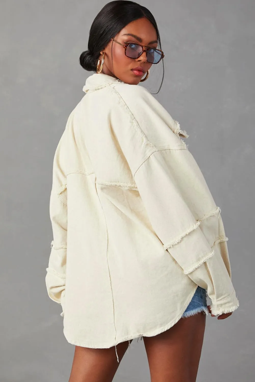 Women's Stylish White Frayed Exposed Seam Denim Jacket
