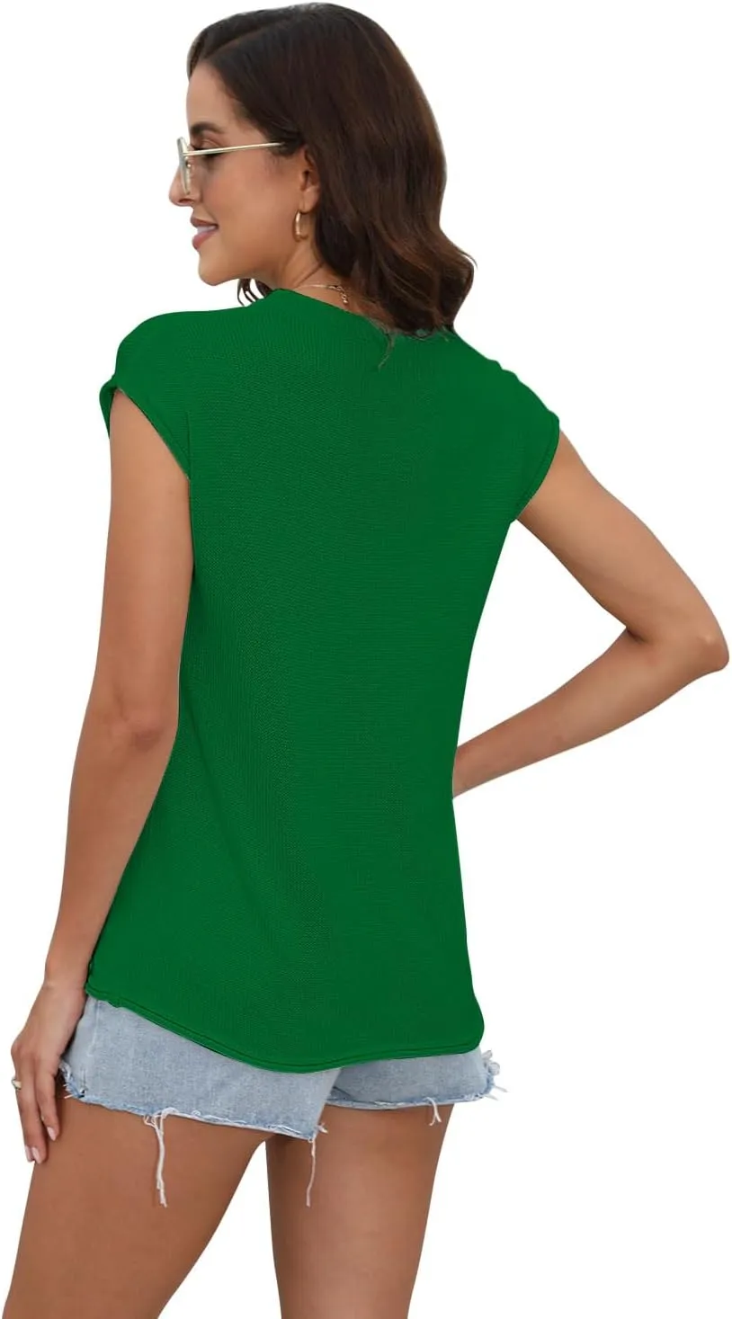 Womens Summer Sweater Vest Cap Sleeve Crew Neck Casual Loose Fit Knit Lightweight Pullover Tank Top for Spring Summer