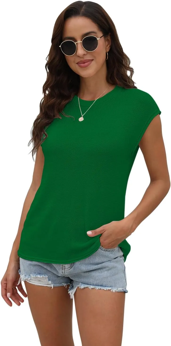 Womens Summer Sweater Vest Cap Sleeve Crew Neck Casual Loose Fit Knit Lightweight Pullover Tank Top for Spring Summer