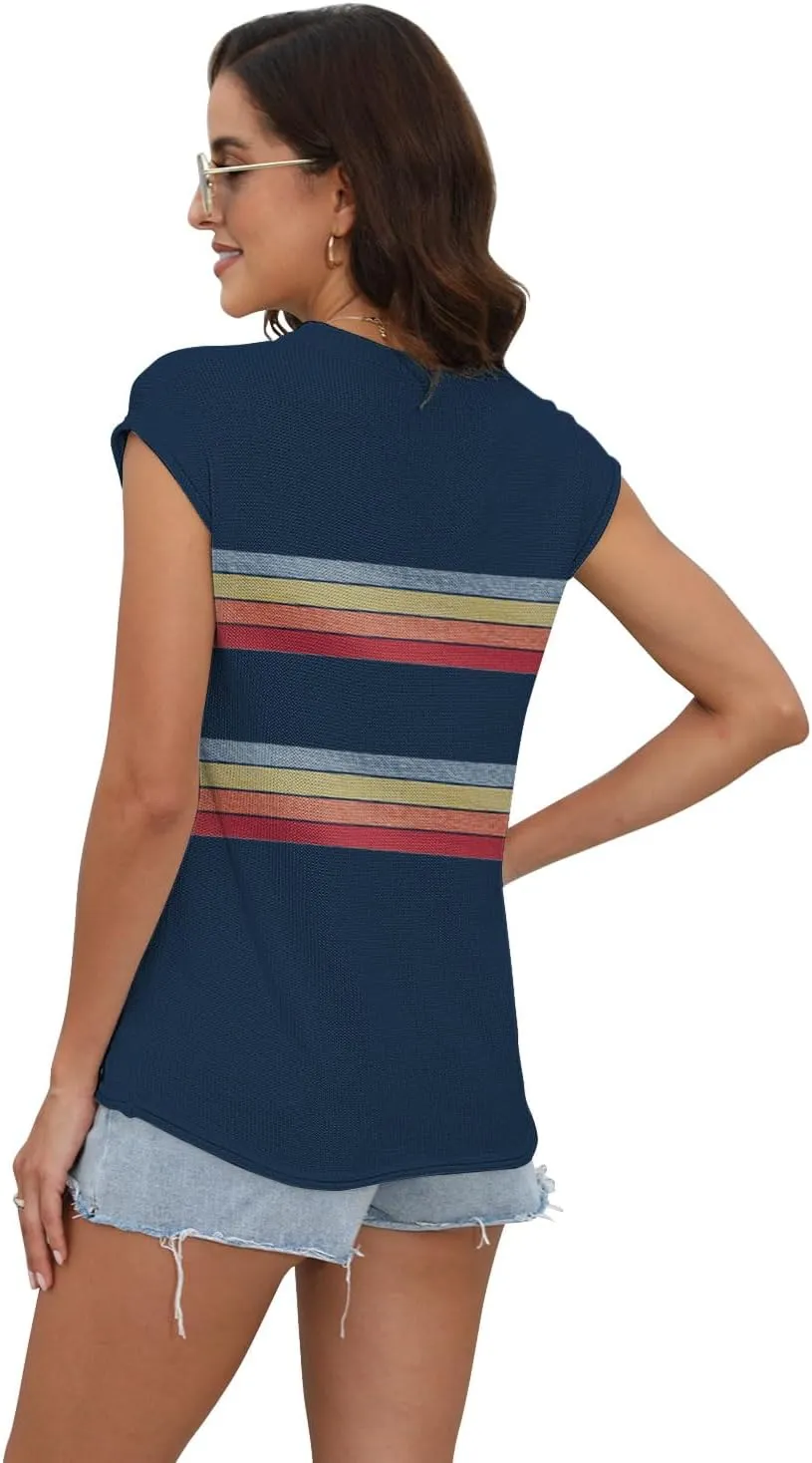 Womens Summer Sweater Vest Cap Sleeve Crew Neck Casual Loose Fit Knit Lightweight Pullover Tank Top for Spring Summer