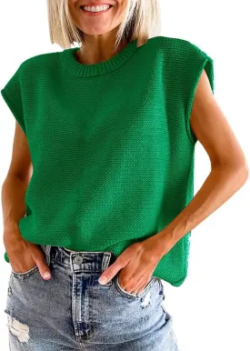Womens Summer Sweater Vest Cap Sleeve Crew Neck Casual Loose Fit Knit Lightweight Pullover Tank Top for Spring Summer
