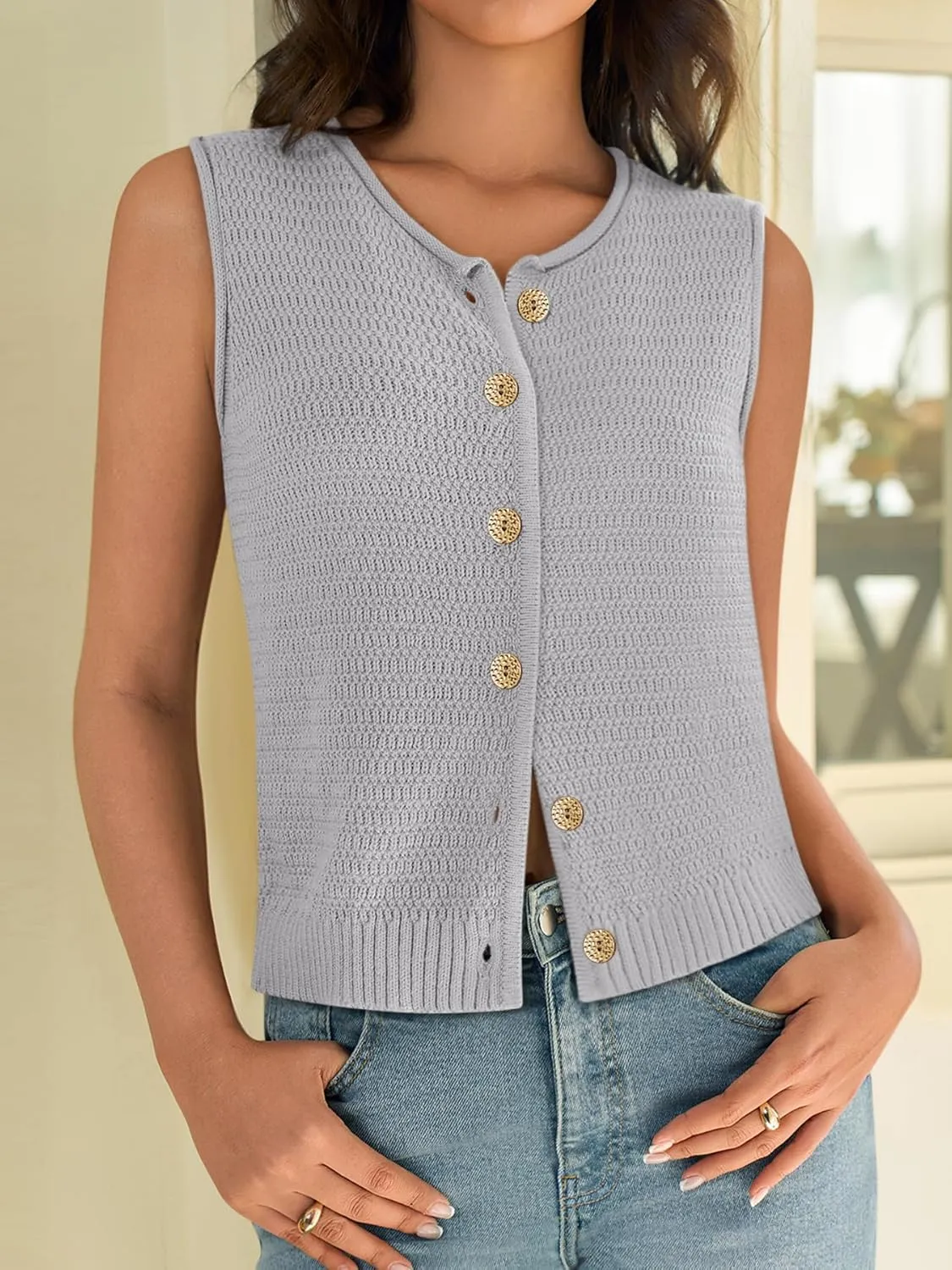 Yousify Womens Sweater Vest 2025 Summer Trendy Sleeveless Knit Button Down Tank Tops Casual Cardigan