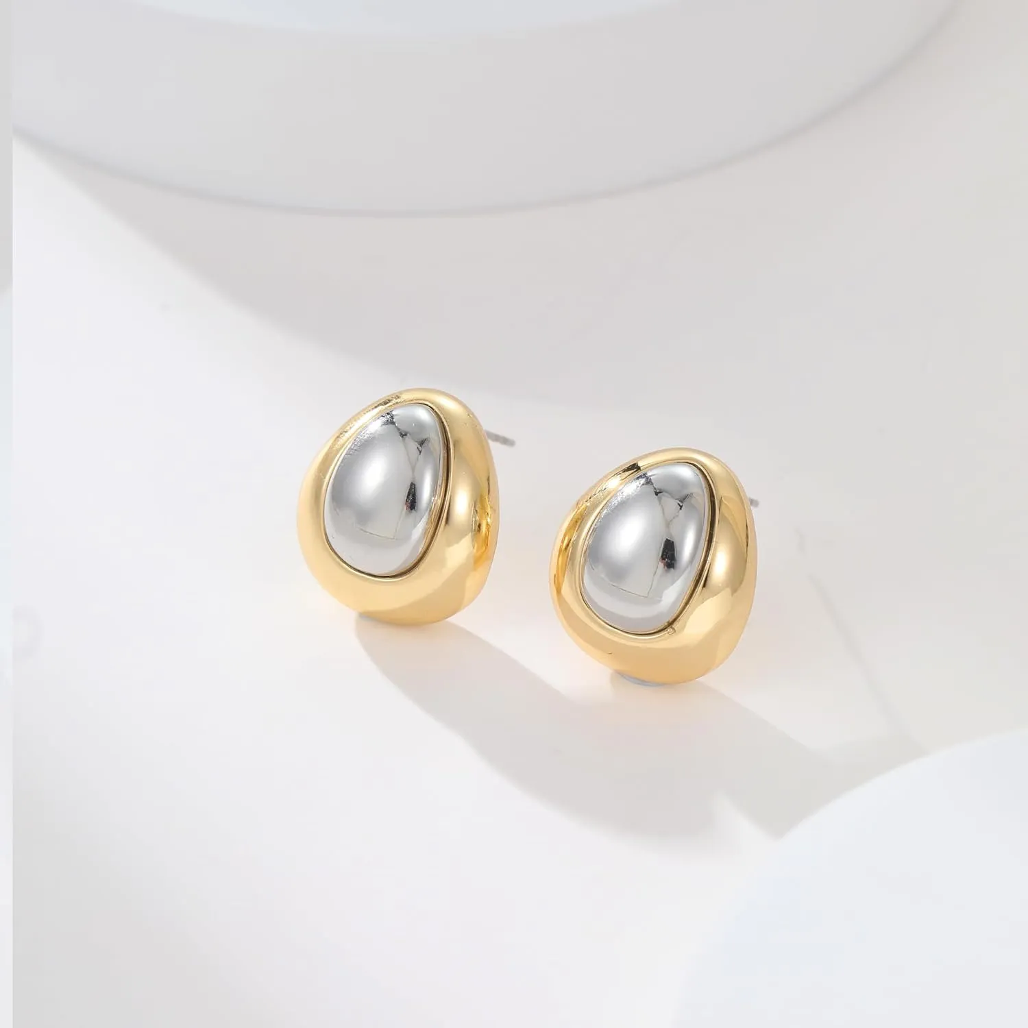 YUJIE Two Tone Studs Earrings Gold and Silver Mixed Metal Earrings for Women Gold Plated Chunky Round Teardrop Earring Thick Trendy Modern Jewelry