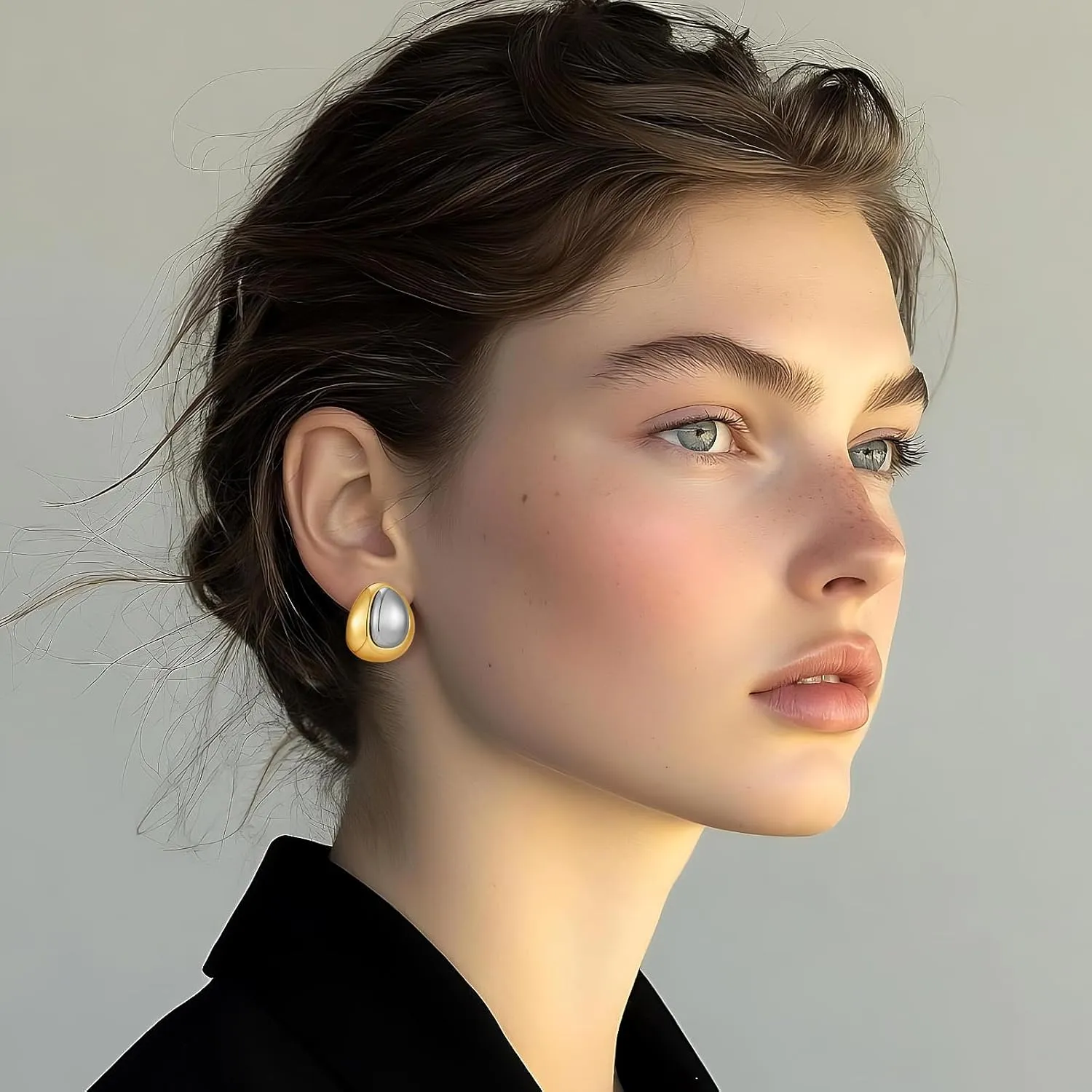 YUJIE Two Tone Studs Earrings Gold and Silver Mixed Metal Earrings for Women Gold Plated Chunky Round Teardrop Earring Thick Trendy Modern Jewelry