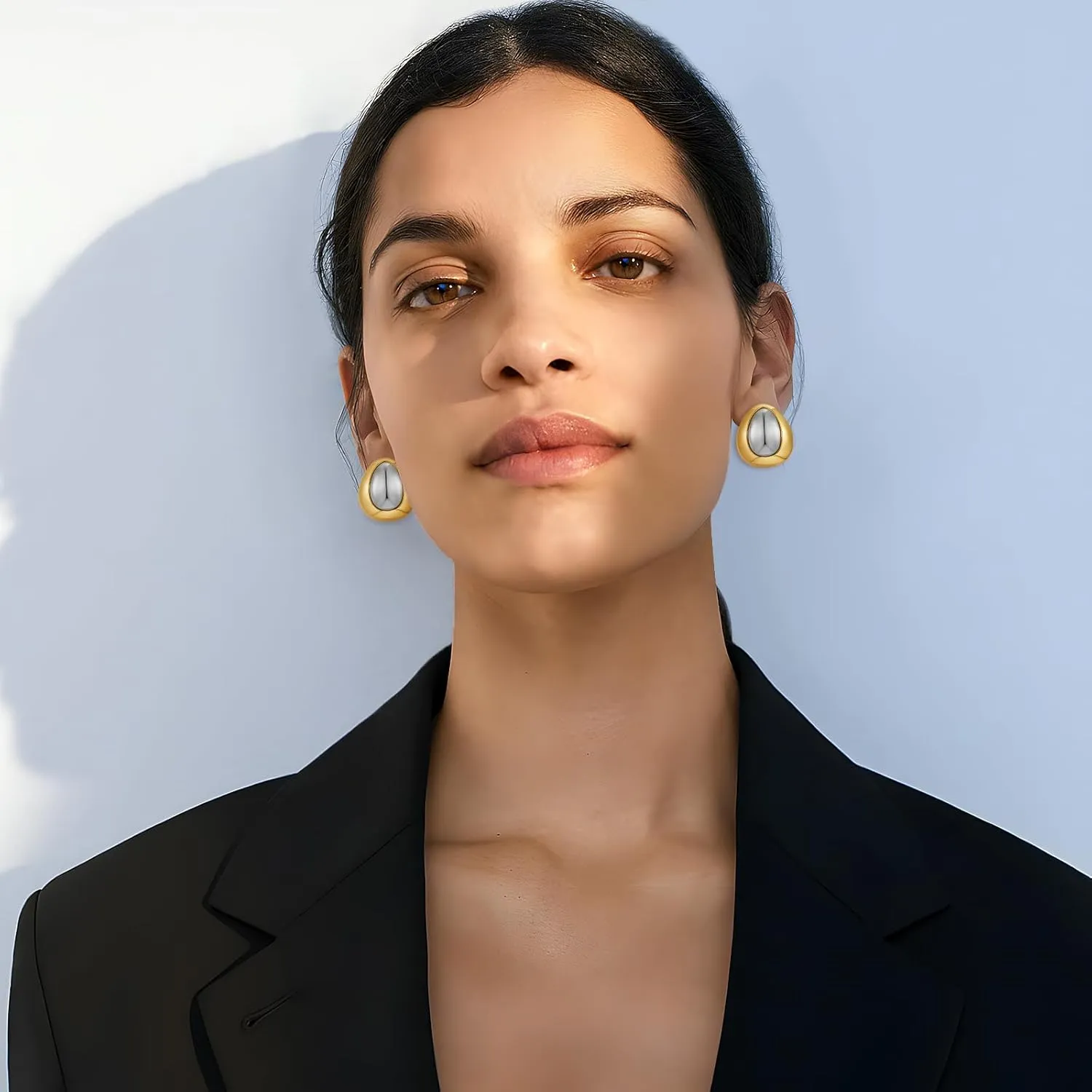 YUJIE Two Tone Studs Earrings Gold and Silver Mixed Metal Earrings for Women Gold Plated Chunky Round Teardrop Earring Thick Trendy Modern Jewelry