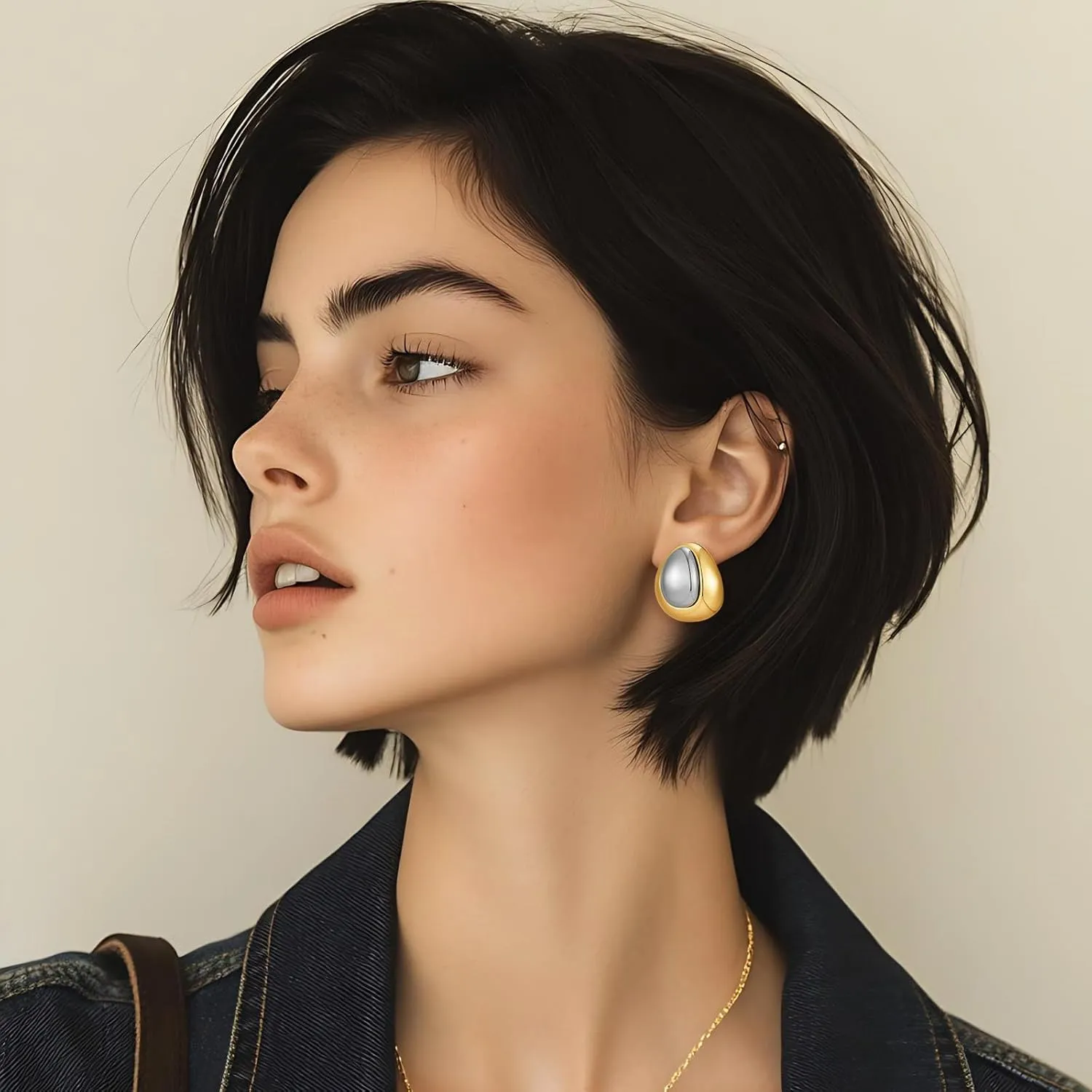 YUJIE Two Tone Studs Earrings Gold and Silver Mixed Metal Earrings for Women Gold Plated Chunky Round Teardrop Earring Thick Trendy Modern Jewelry