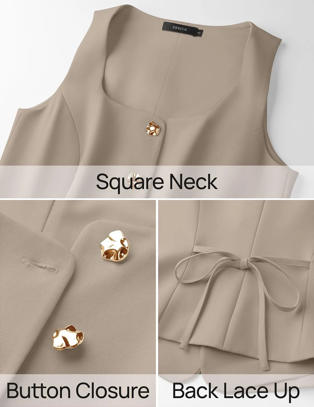 ZESICA Women's 2025 Summer Casual Sleeveless Suit Vest Square Neck Button Down Work Business Blazer Vests Waistcoat